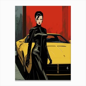 Asian Villain Lady In Black And A Yellow Ferrari Canvas Print
