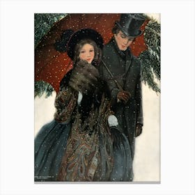 An elegantly dressed couple walk arm in arm under an umbrella. Canvas Print