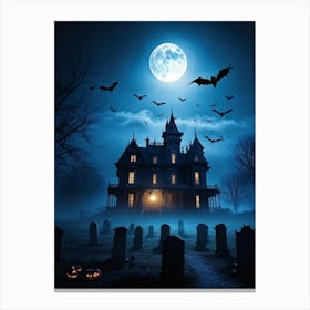 Frightened Souls Hovering Over A Victorian Mansion On A Dark Halloween Night Silhouetted Against A Canvas Print