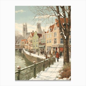 Vintage Winter Illustration Bruges Belgium 3 Canvas Print
