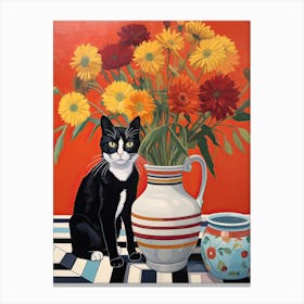 Daisy Flower Vase And A Cat, A Painting In The Style Of Matisse 1 Canvas Print