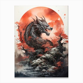 Dragon, Japanese Brush Painting, Ukiyo E, Minimal 3 Canvas Print