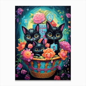 Black Kittens In A Basket Kitsch 2 Canvas Print