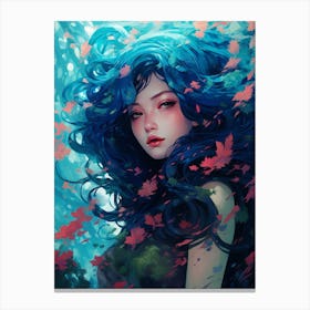 Blue Haired Girl in lush spring garden Canvas Print