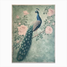 Turquoise Peacock With Roses Cyanotype Inspired  2 Canvas Print