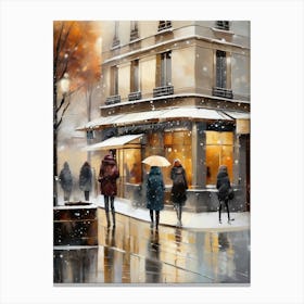 Paris cafes, winter season, Christmas, autumn oil colors, pale colors, pedestrians in the street, winter clothes, falling snow.Christmas decorations.20 Canvas Print