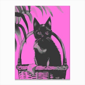 Black Kitty Cat In A Basket Pink Canvas Print