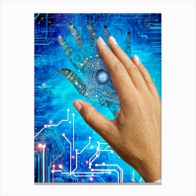 Cyber Abstract Digital Painting Of A Human Hand And A Robotic Hand Almost Touching Against A Backdro (3) Canvas Print