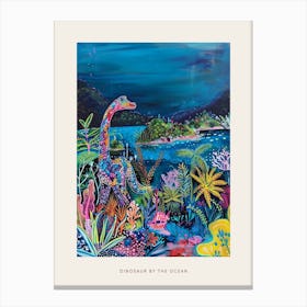 Dinosaur By The Ocean Colourful Painting Poster Canvas Print