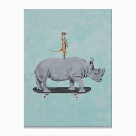 Rhinoceros And Meerkat Skateboarding Canvas Print