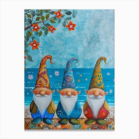 Kitsch Folk Painting Of Gnomes On The Beach 2 Canvas Print