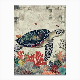 Sea Turtle Coral Textured Collage 1 Canvas Print