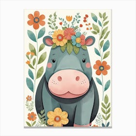 Floral Baby Hippo Nursery Illustration (17) Canvas Print