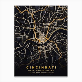 Cincinnati Ohio USA Black And Gold Map Canvas Print