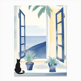 Cat and Window blue watercolor Canvas Print