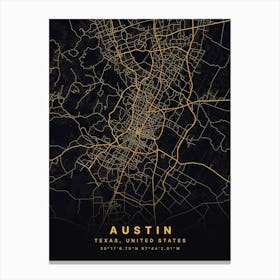 Austin Texas USA Black And Gold Map Canvas Print