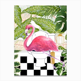 Flamingo on Toilet Funny Animal Bathroom Canvas Print