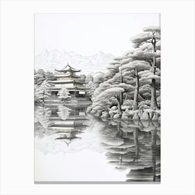 Kinkaku Ji (Golden Pavilion) In Kyoto, Ukiyo E Black And White Line Art Drawing 3 Canvas Print
