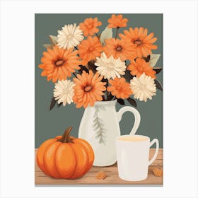 Pitcher With Sunflowers, Atumn Fall Daisies And Pumpkin Latte Cute Illustration 7 Canvas Print
