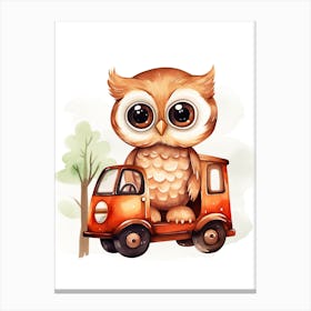 Baby Owl On A Toy Car, Watercolour Nursery 0 Canvas Print
