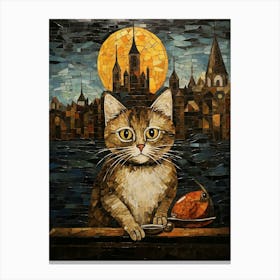 Mosaic Of A Cat In Front Of A Medieval City With A Fish Canvas Print