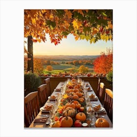 An Autumnal Thanksgiving Dinner Setting Where The Wooden Table Basks Under Golden Afternoon Sun A (4) Canvas Print