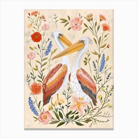 Folksy Floral Animal Drawing Pelican Canvas Print