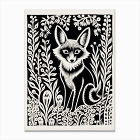 Fox In The Forest Linocut White Illustration 16 Canvas Print