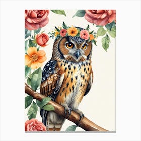 Owl With Roses Canvas Print