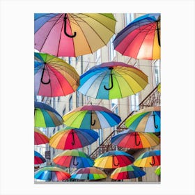 Bright and cheerful umbrellas in Lisbon, Portugal - summer rainbow colors street and travel photography by Christa Stroo Photography Canvas Print