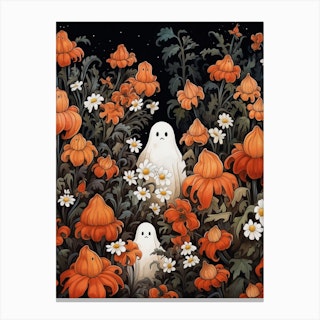 Cute Bedsheet Ghost, Botanical Halloween Watercolour 103 Canvas Print