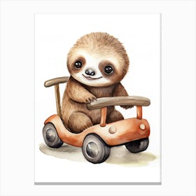 Baby Sloth On A Toy Car, Watercolour Nursery 0 Canvas Print
