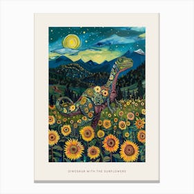 Dinosaur In A Sunflower Field Landscape Painting 3 Poster Canvas Print