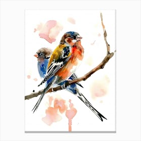 Watercolor Birds On A Branch Colorful Illustration Canvas Print