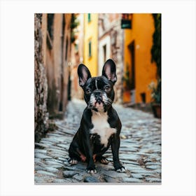 French Bulldog Sitting On A Cobblestone Street.Generated AI. Art Print Canvas Print