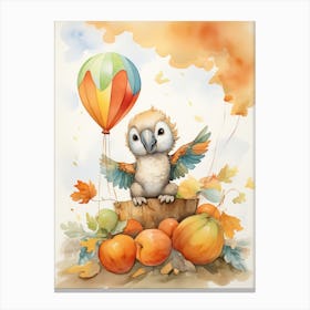 Parrot Flying With Autumn Fall Pumpkins And Balloons Watercolour Nursery 2 Canvas Print