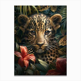 A Happy Front faced Leopard Cub In Tropical Flowers 4 Canvas Print