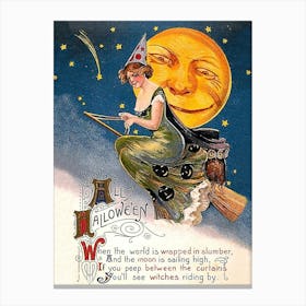 Young Witch Riding A Broom Under The Happy Moon, And A Halloween Poem Canvas Print