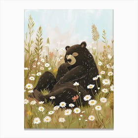 Sloth Bear Resting In A Field Of Daisies Storybook Illustration 1 Canvas Print