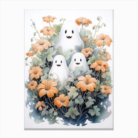 Cute Bedsheet Ghost, Botanical Halloween Watercolour 43 Canvas Print