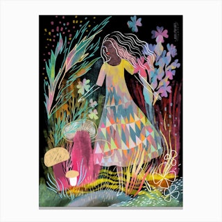 Lady In Magic Mushrooms Forest Canvas Print