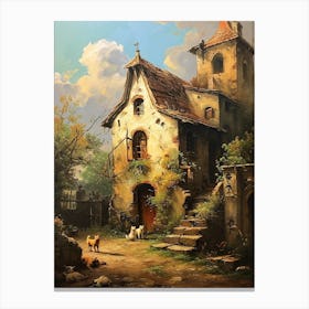 Cats In Front Of A Medieval Cottage Rococo Painting Inspired 2 Canvas Print