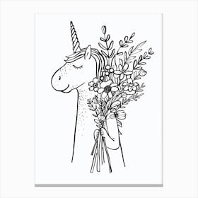 Unicorn And A Bouquet Of Flowers Black And White Doodle 2 Canvas Print