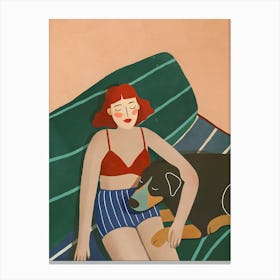 Woman Girl and Dog Chilling on Sofa Couch Canvas Print