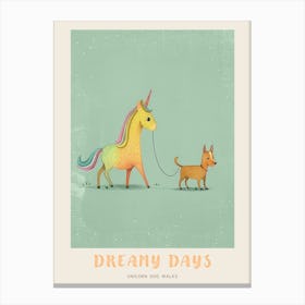 Pastel Storybook Style Unicorn Walking A Dog 1 Poster Canvas Print