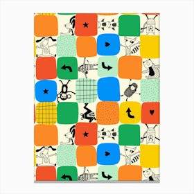 Animals Love To Play Kids Color Block Colorful Doodle Grid Canvas Print