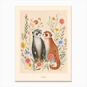 Folksy Floral Animal Drawing Ferret 4 Poster Canvas Print