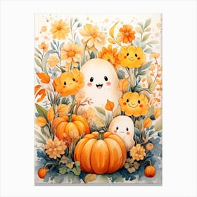 Cute Bedsheet Ghost, Botanical Halloween Watercolour 6 Canvas Print