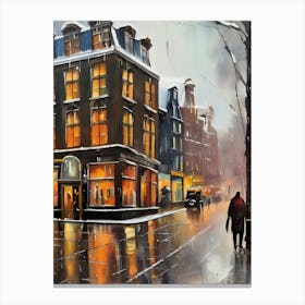 Amsterdam cafes, winter season, winter oil colors, pedestrians in the street, winter clothes, rain falling, Amsterdam print, Netherlands print, travel gift, Netherlands poster.44 1 Lienzo