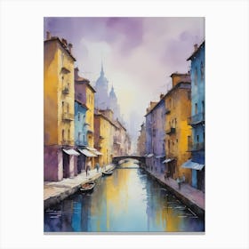 Colored Painting Of A Cityscape,Indigo And Yellow,Purple (15) Canvas Print